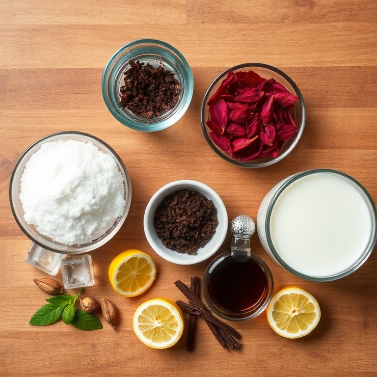 Ingredients for hibiscus cardamom iced latte laid out on a wooden surface