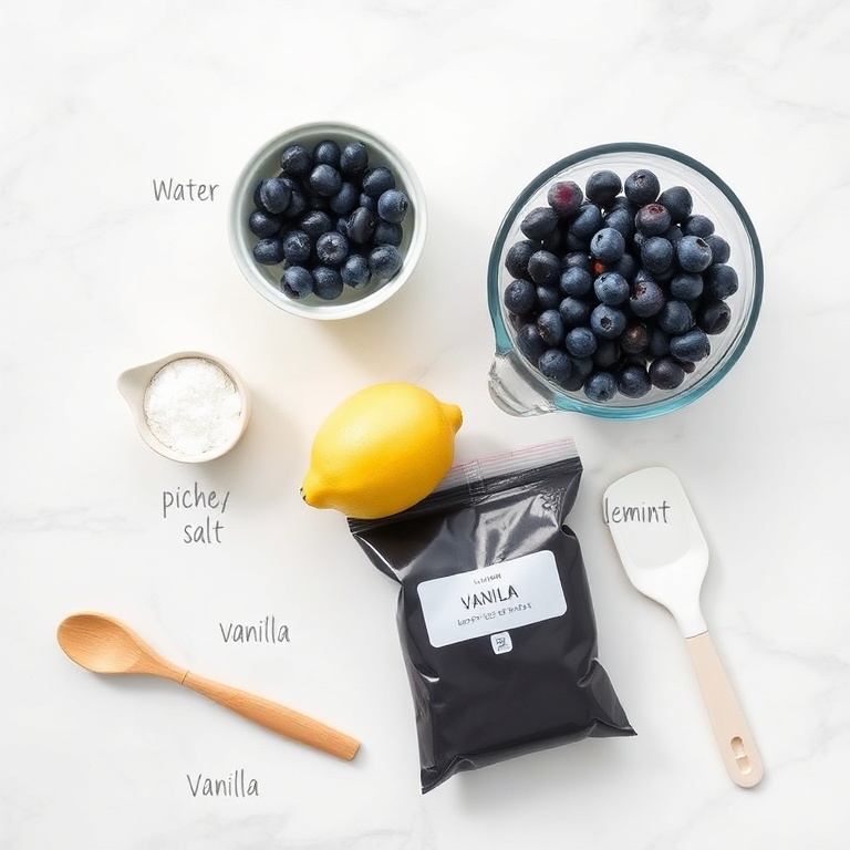 Ingredients for homemade sugar free blueberry syrup laid out on a wooden surface