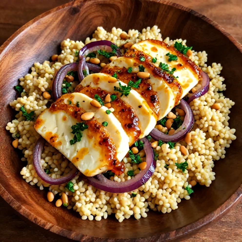 Plated Honey Halloumi Couscous Salad with Sumac Onions