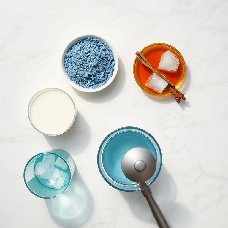 Ingredients for iced blue tea latte: blue tea powder, milk, vanilla extract, honey, ice cubes, and a glass