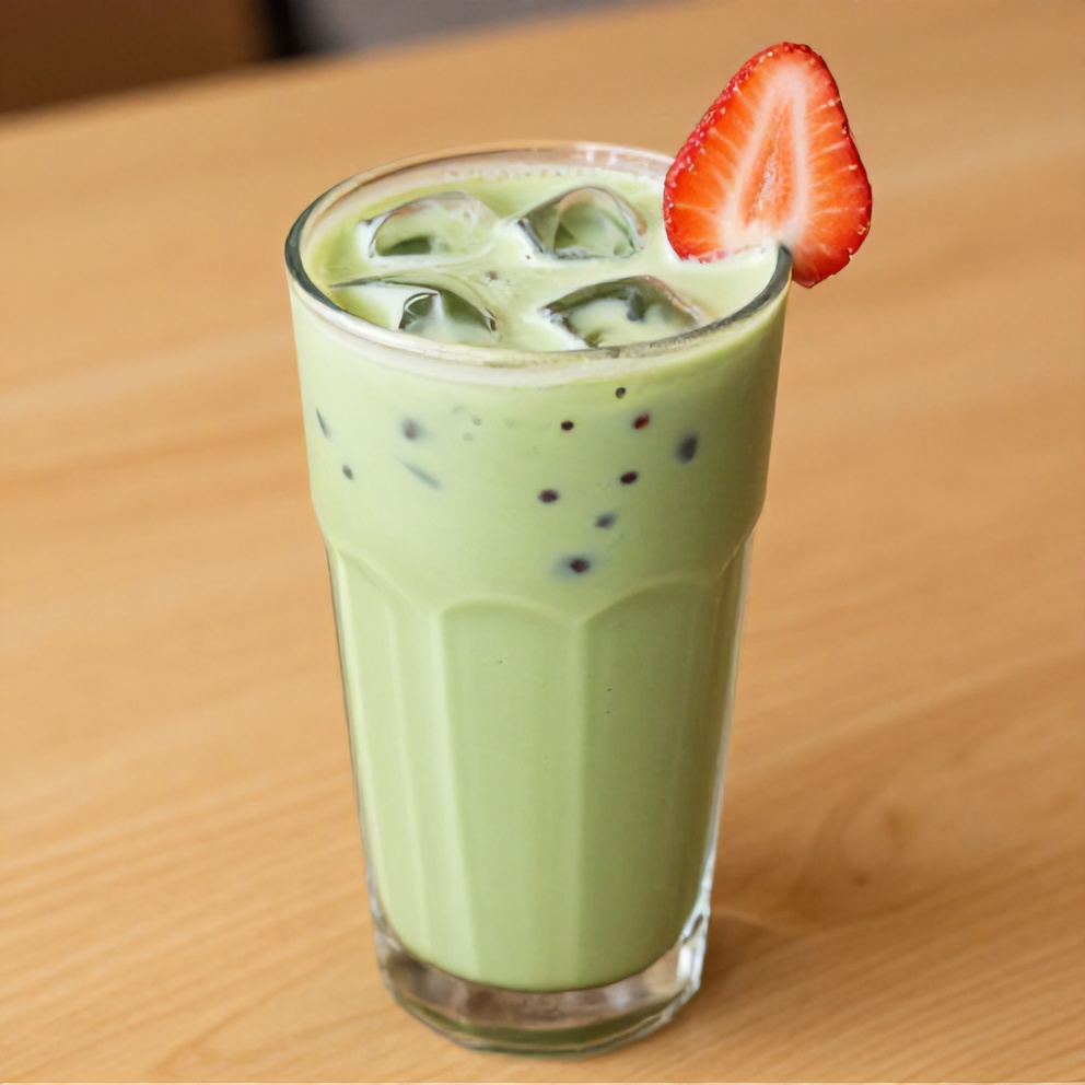 Iced matcha strawberry latte in a glass with a strawberry garnish