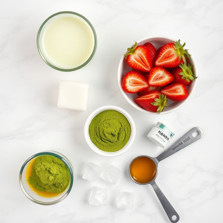 Matcha powder, fresh strawberries, milk, honey, and ice arranged on a wooden surface