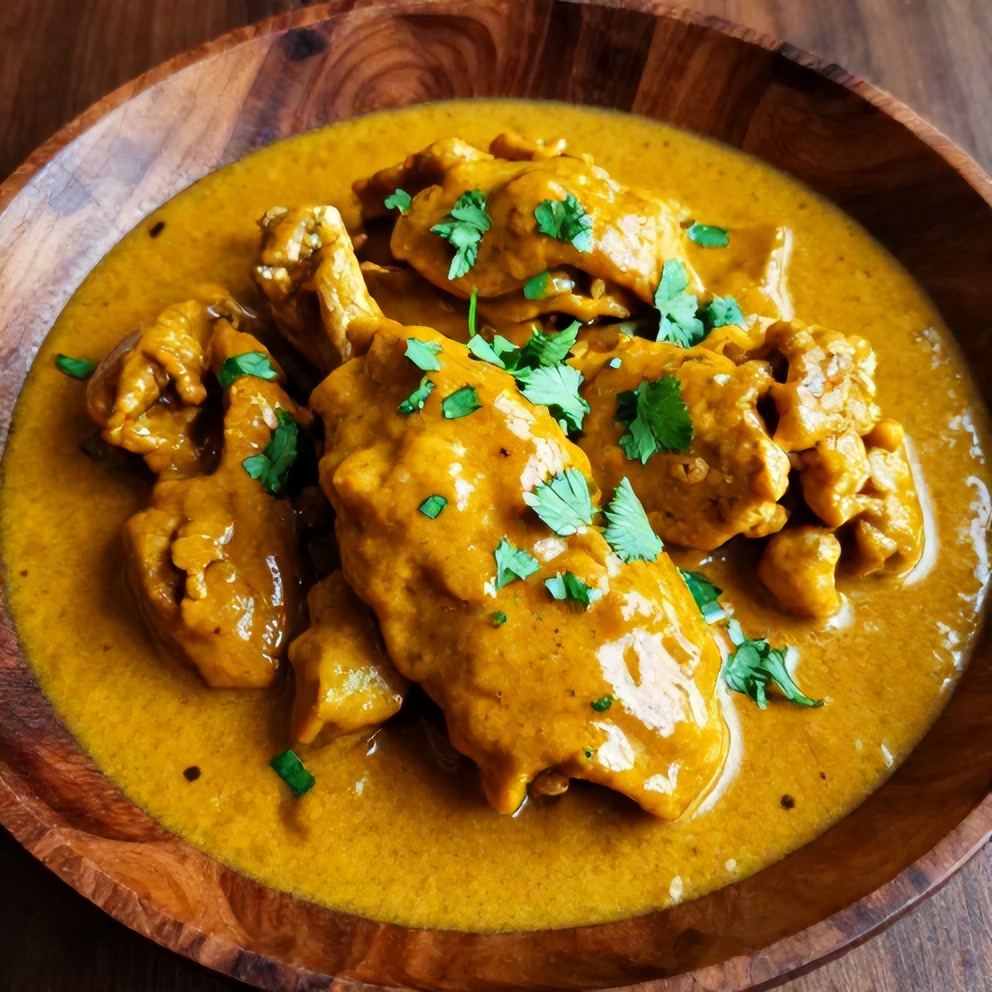 Plated serving of Jamaican Curry Chicken with coconut sauce and garnished with fresh cilantro