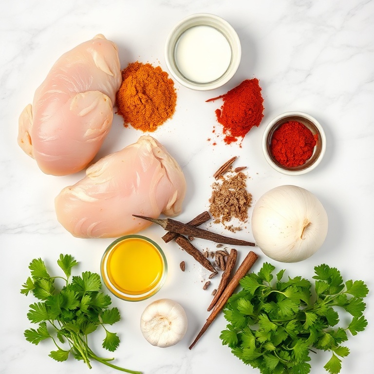 Raw ingredients for Jamaican Curry Chicken: chicken, curry powder, coconut milk, onions, garlic, etc.