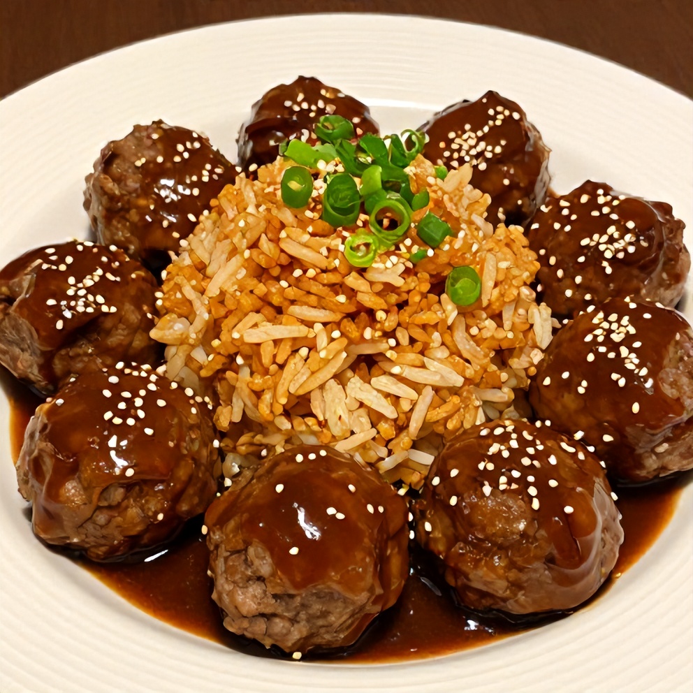 Korean BBQ Meatball Rice Bowl on a white plate