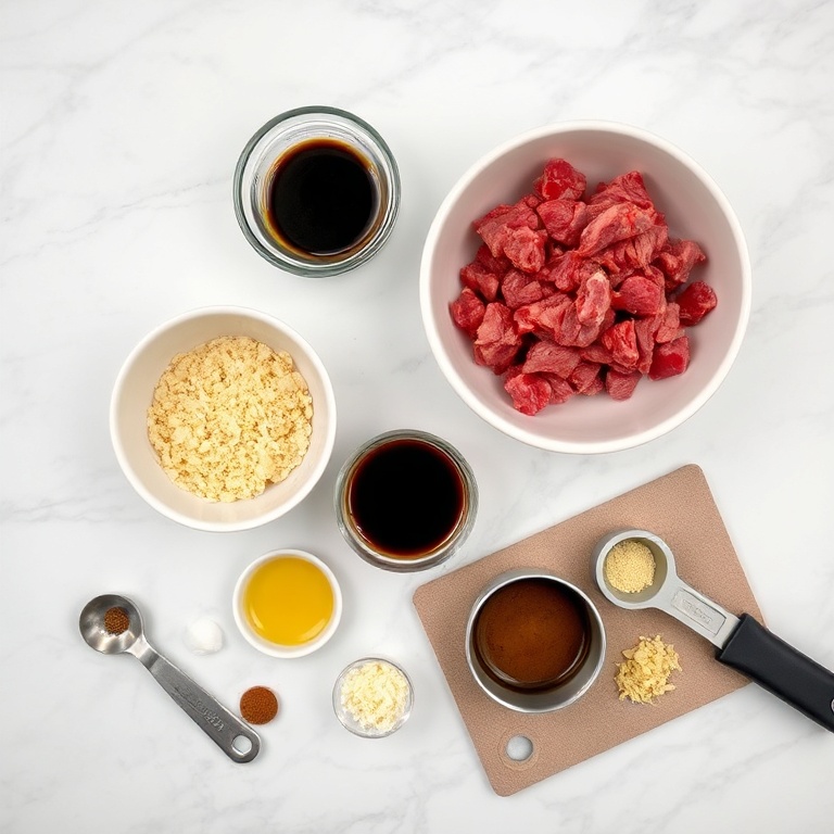 Raw ingredients for Korean BBQ Meatball Rice Bowls on a marble surface