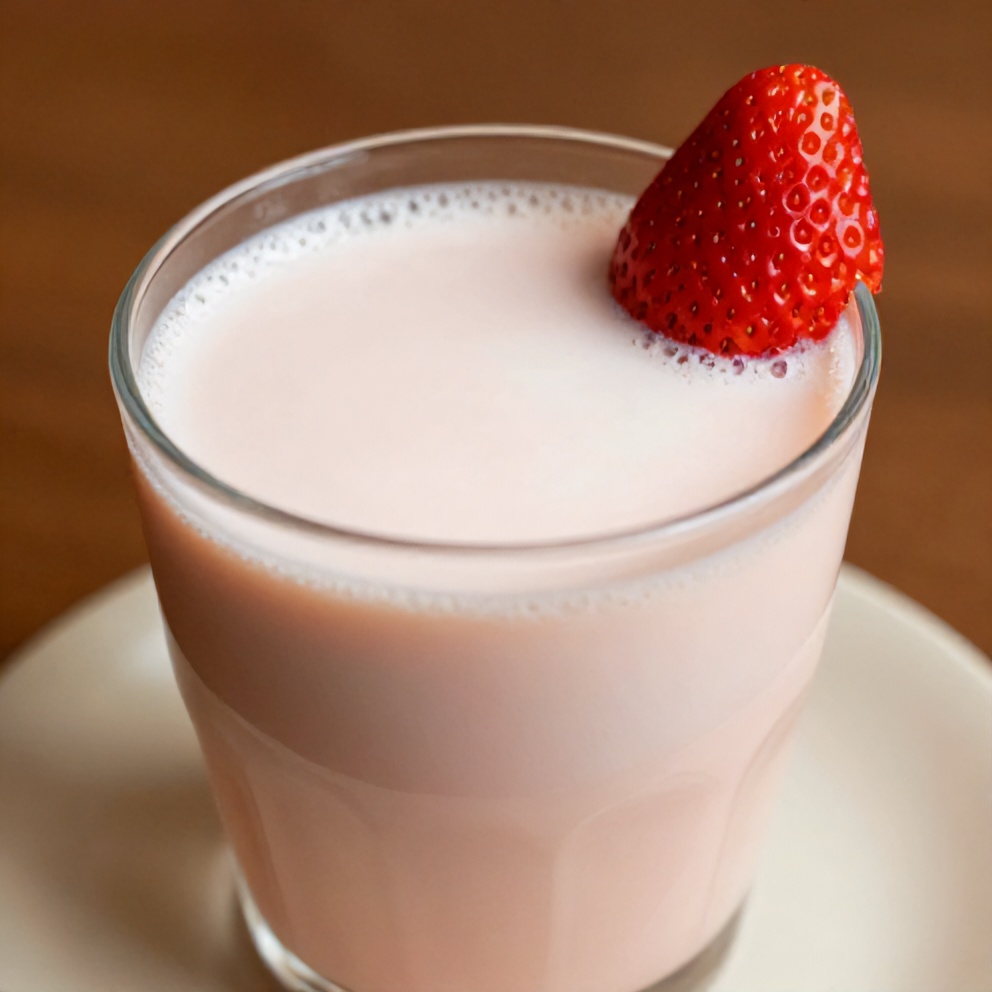 Glass of Korean strawberry milk with a strawberry garnish