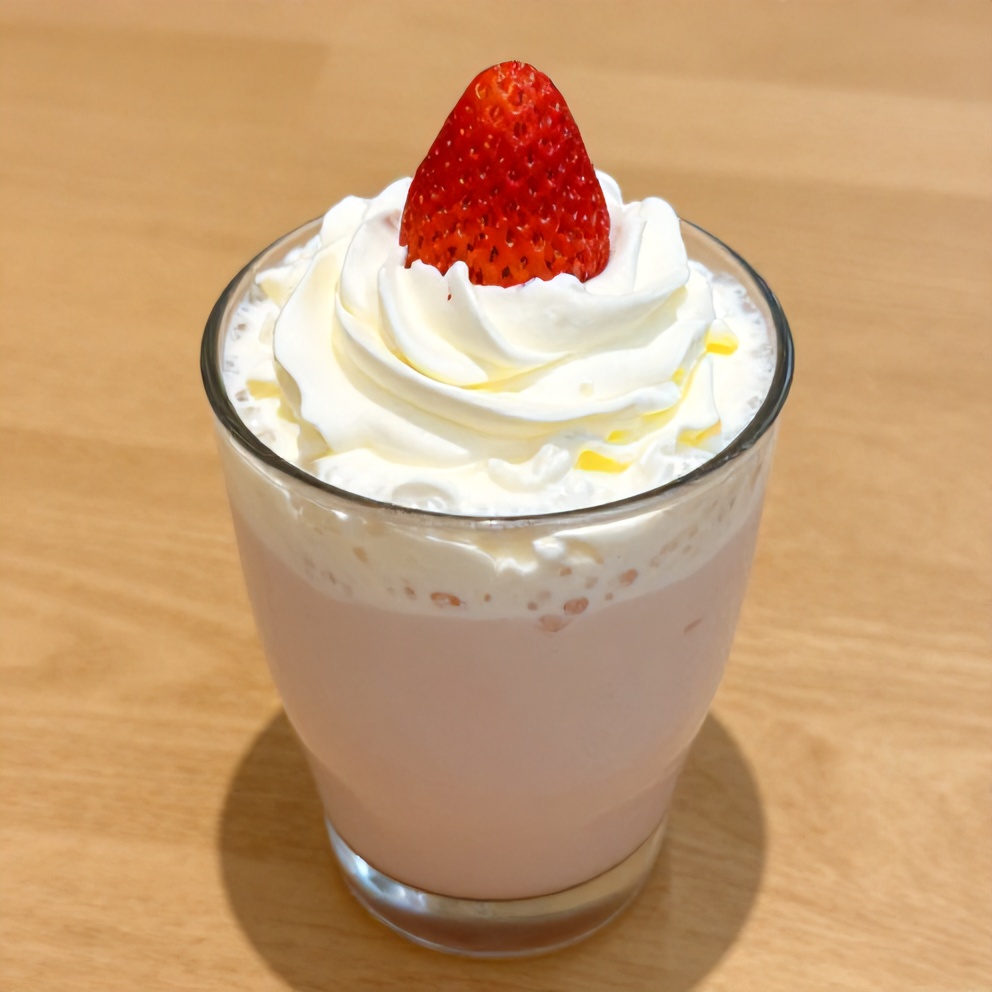 Korean strawberry milk in a glass with whipped cream and a strawberry garnish