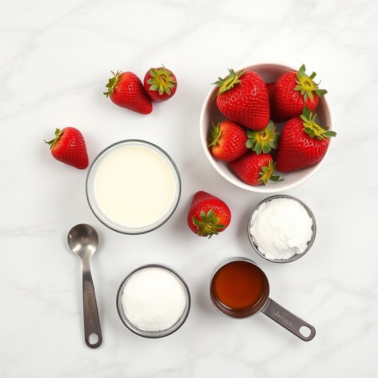 Strawberries, milk, sugar, and vanilla extract on a wooden surface