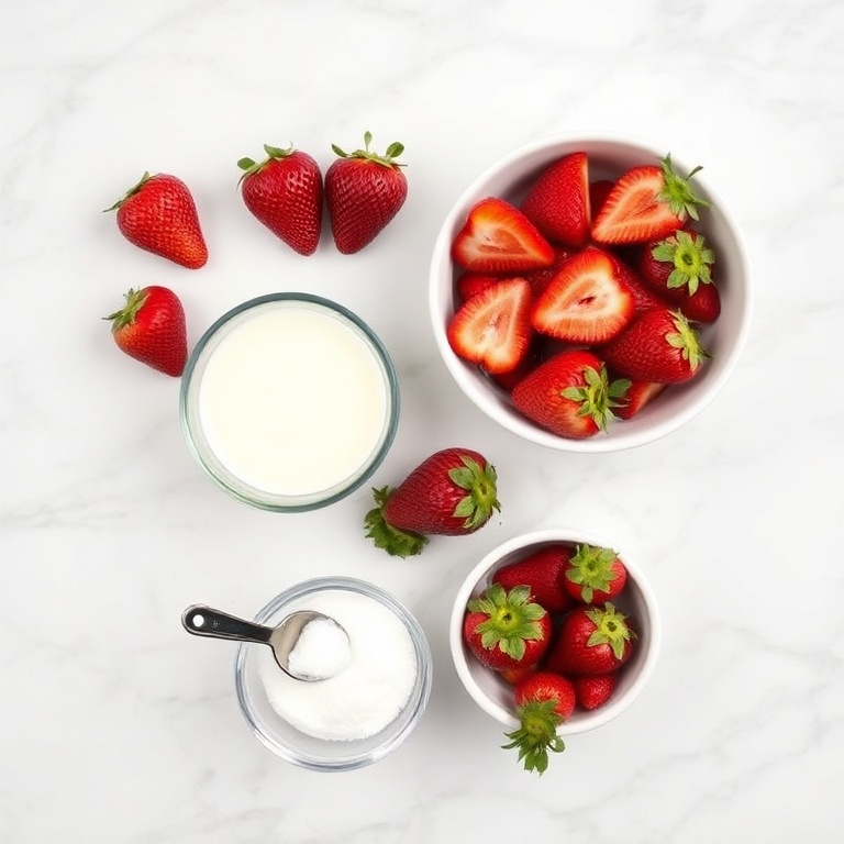 Strawberries, milk, sugar, and vanilla extract on a white marble surface