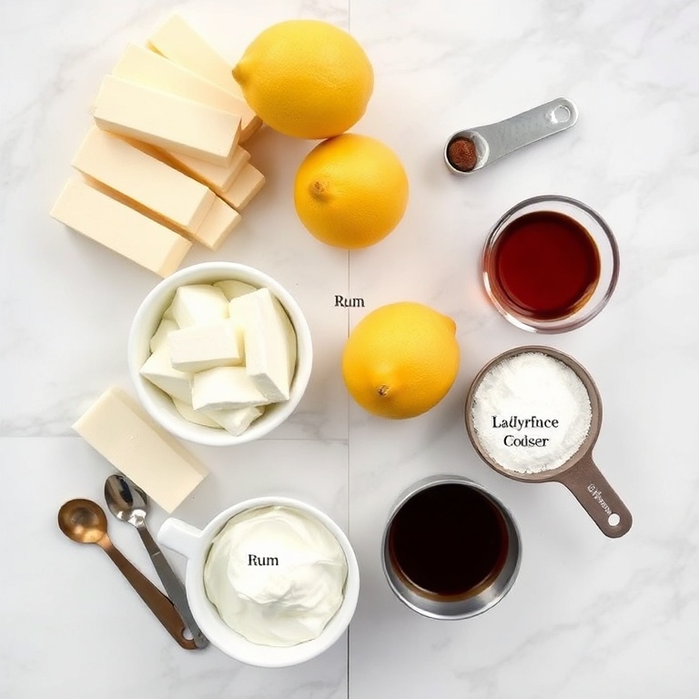 Lemon Tiramisu ingredients on a white marble surface