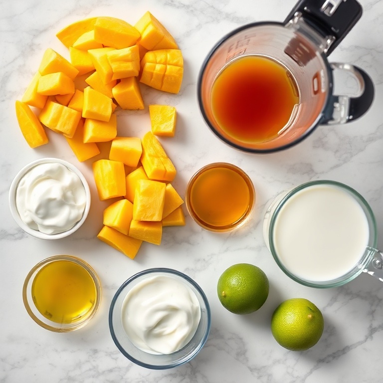 Raw ingredients for Mango Greek Yogurt Popsicles on a marble surface