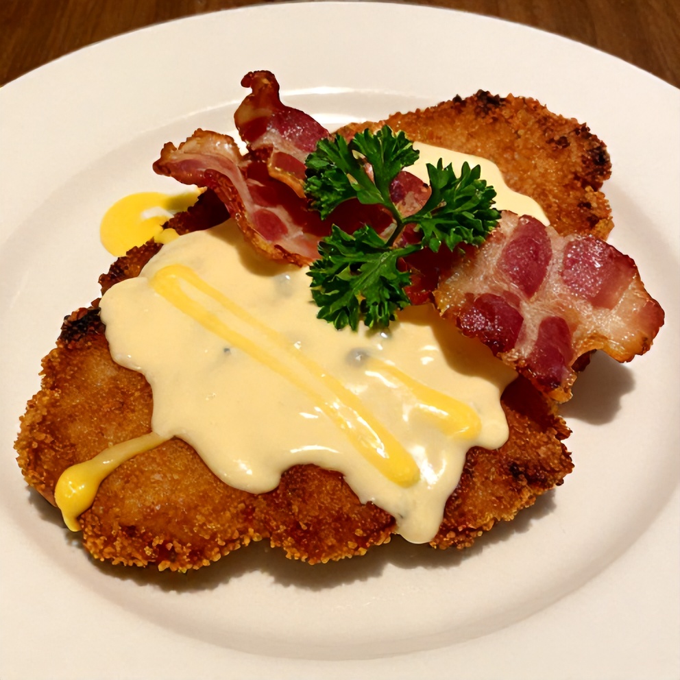 Plated maple bacon pork chops with creamy Dijon mustard sauce