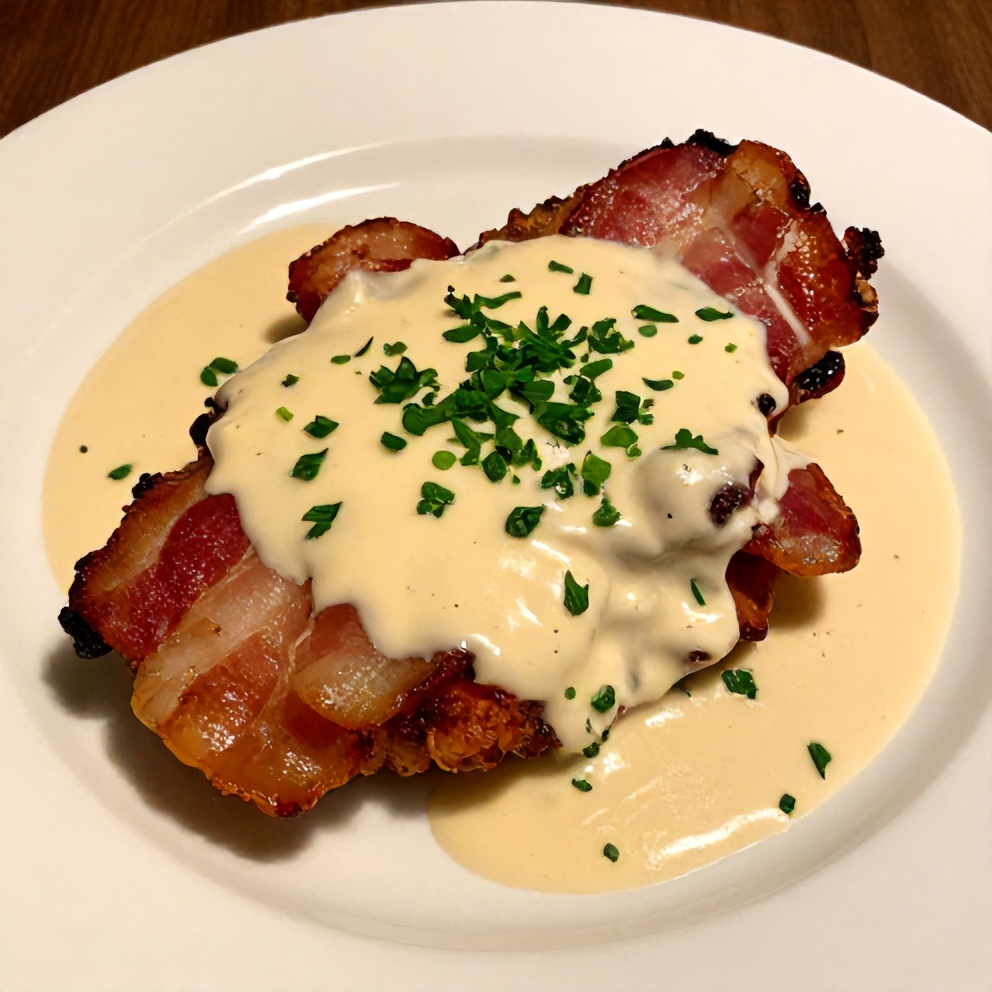 Plated maple bacon pork chops with creamy dijon sauce