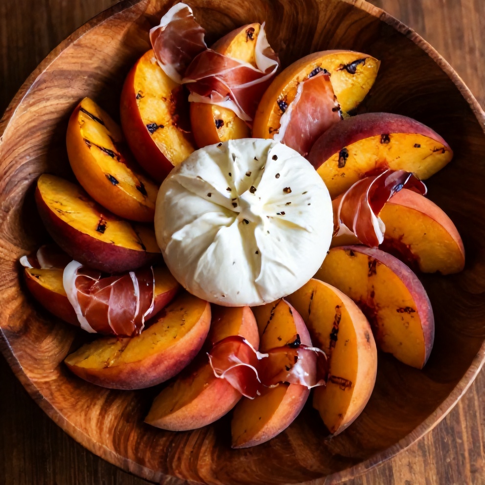Mediterranean Grilled Peach Salad plated with burrata and prosciutto