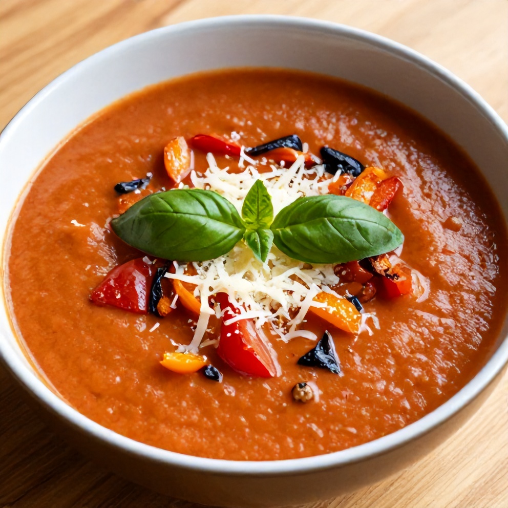 Bowl of creamy Mediterranean Tomato and Roasted Pepper Soup