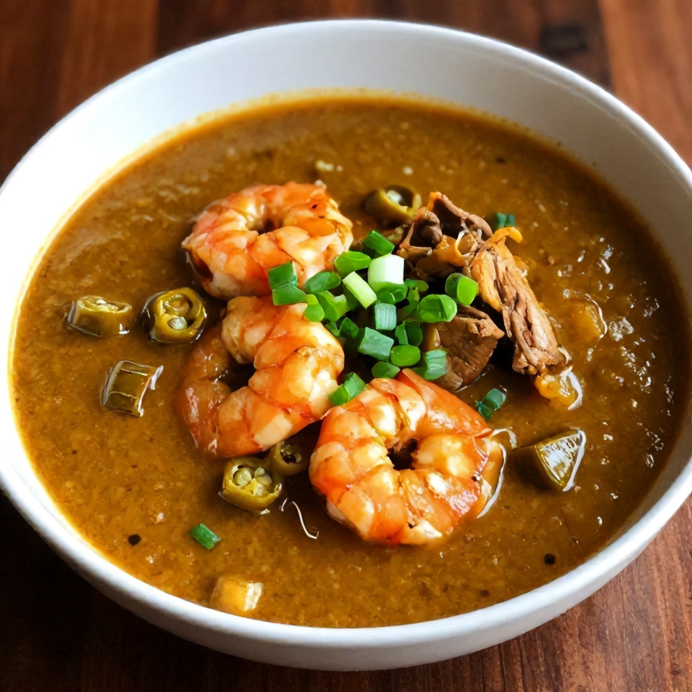 Plated Nigerian Okra Soup with Shrimp and Turkey