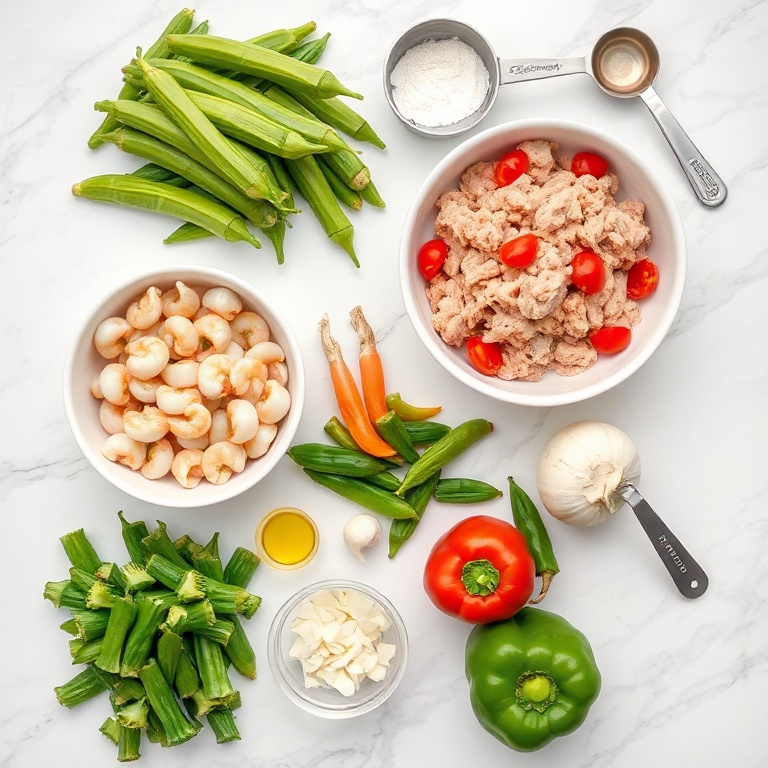 Raw ingredients for Nigerian Okra Soup