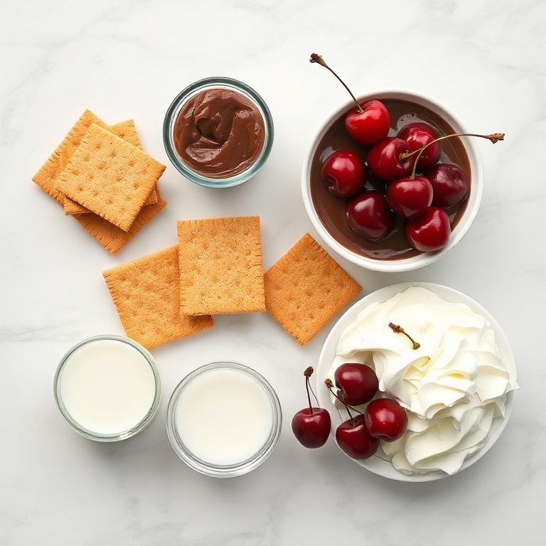 Graham crackers, chocolate pudding mix, sweetened condensed milk, heavy cream, fresh cherries, and whipped cream