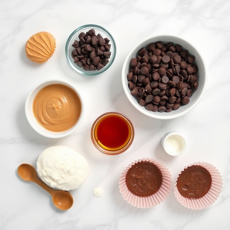 Ingredients for no-bake chocolate peanut butter protein cups on a white marble surface