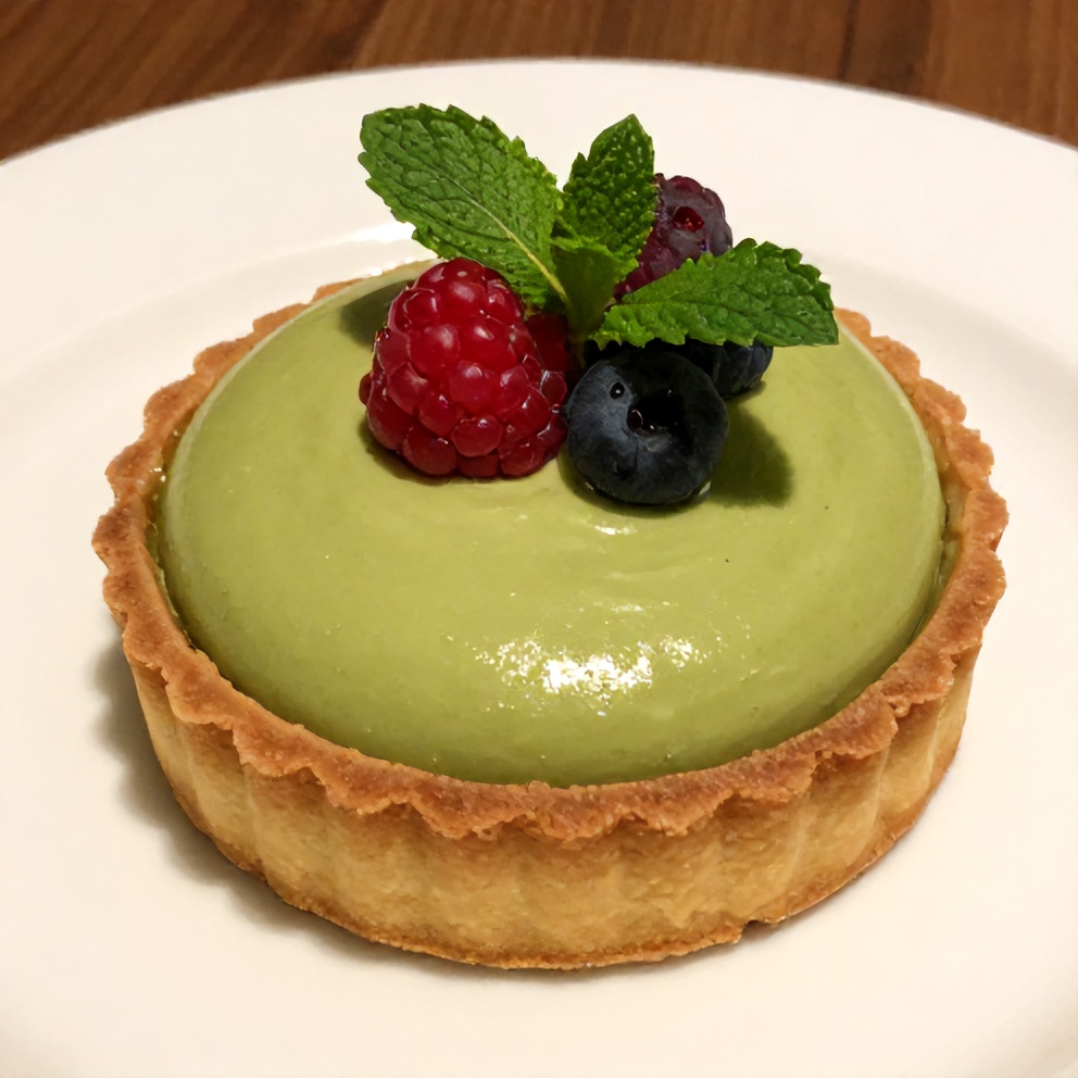 Sliced No-bake Matcha Coconut Cream Tart on a white plate