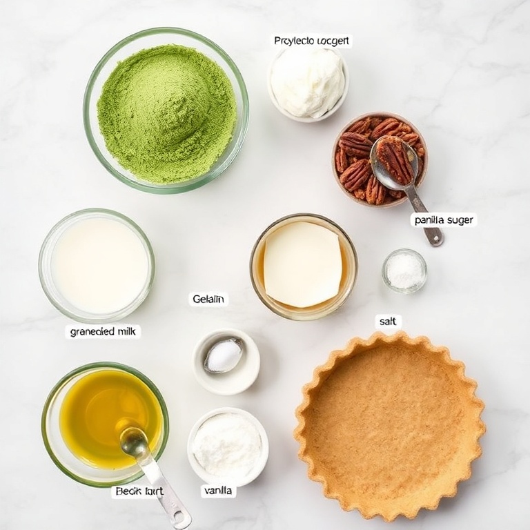 Raw ingredients for No-bake Matcha Coconut Cream Tart on a white marble surface