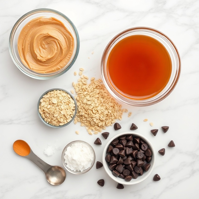 Raw ingredients for no-bake peanut butter oat bars on a marble counter