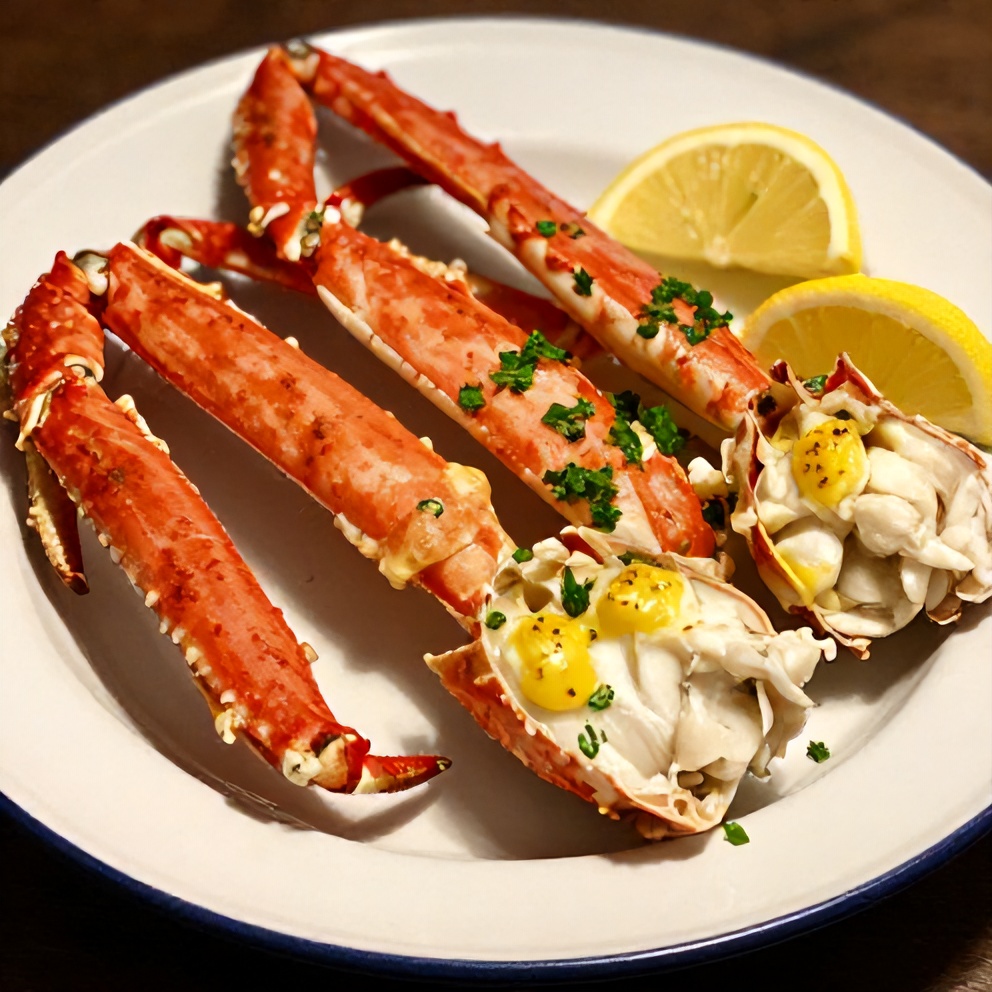Plated oven baked snow crab legs with lemon wedges
