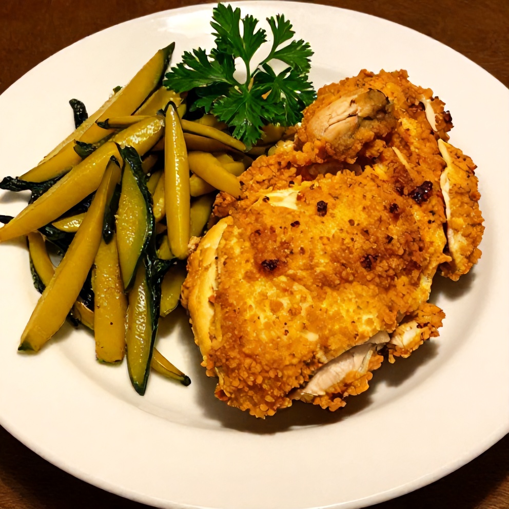 Plated baked turmeric chicken with spring vegetables