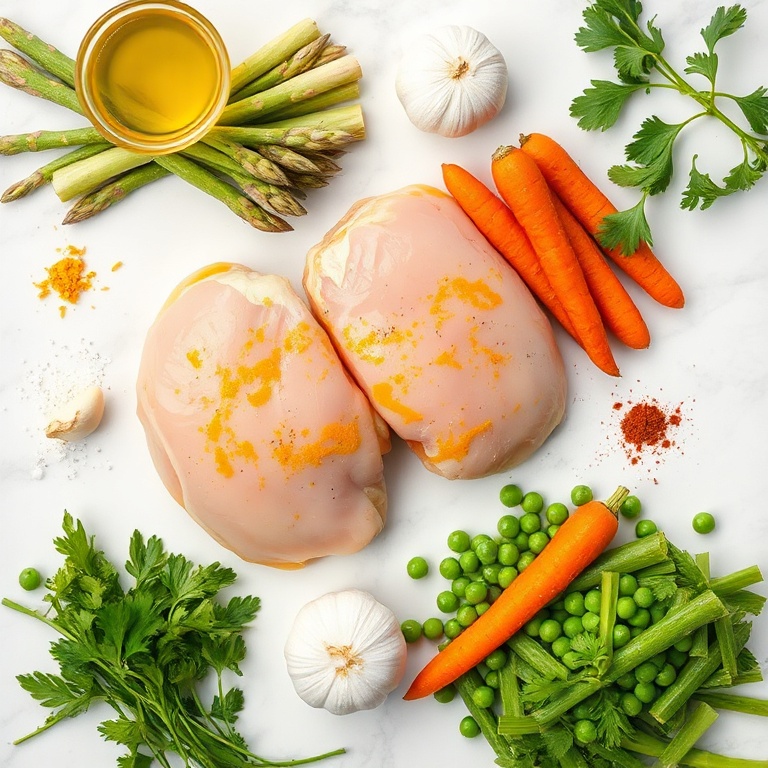 Raw ingredients for baked turmeric chicken with spring vegetables