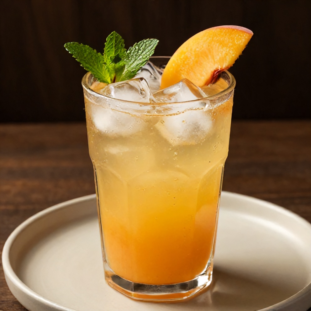 Glass of peach ginger lemonade with ice and a slice of peach