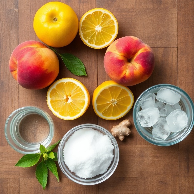 Peaches, ginger, lemons, sugar, water, and ice on a wooden surface