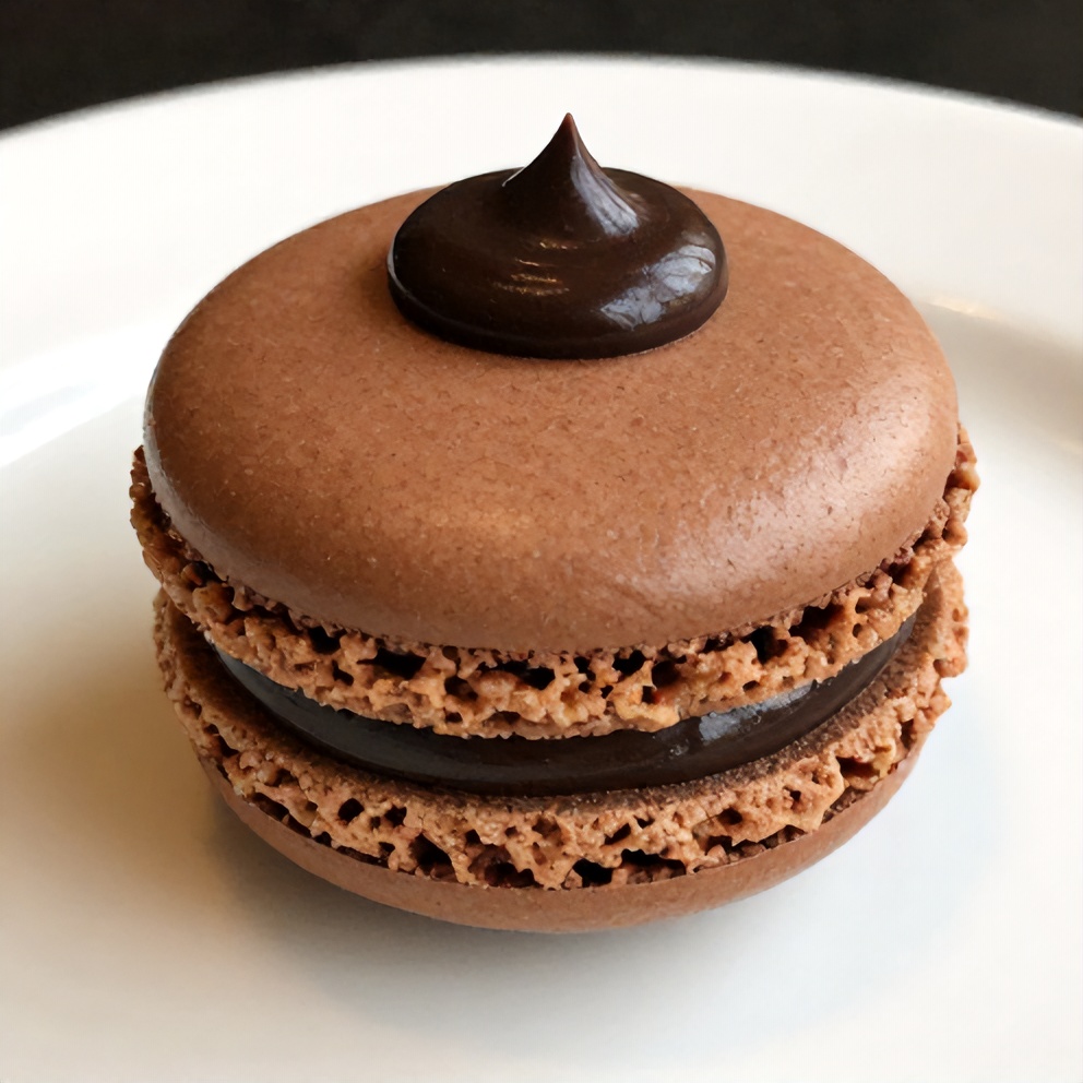 A single chocolate macaron on a white plate