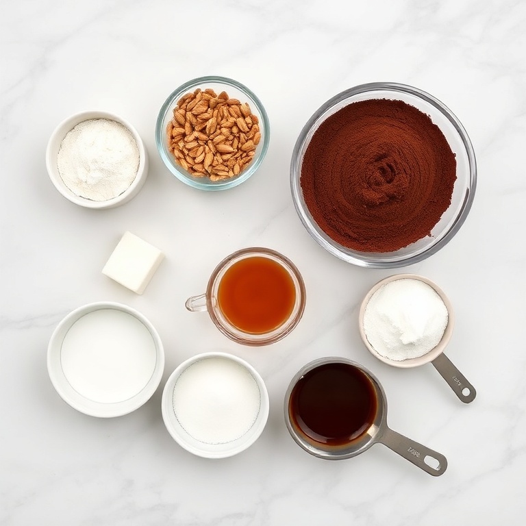 Raw ingredients for chocolate macarons arranged on a white marble surface