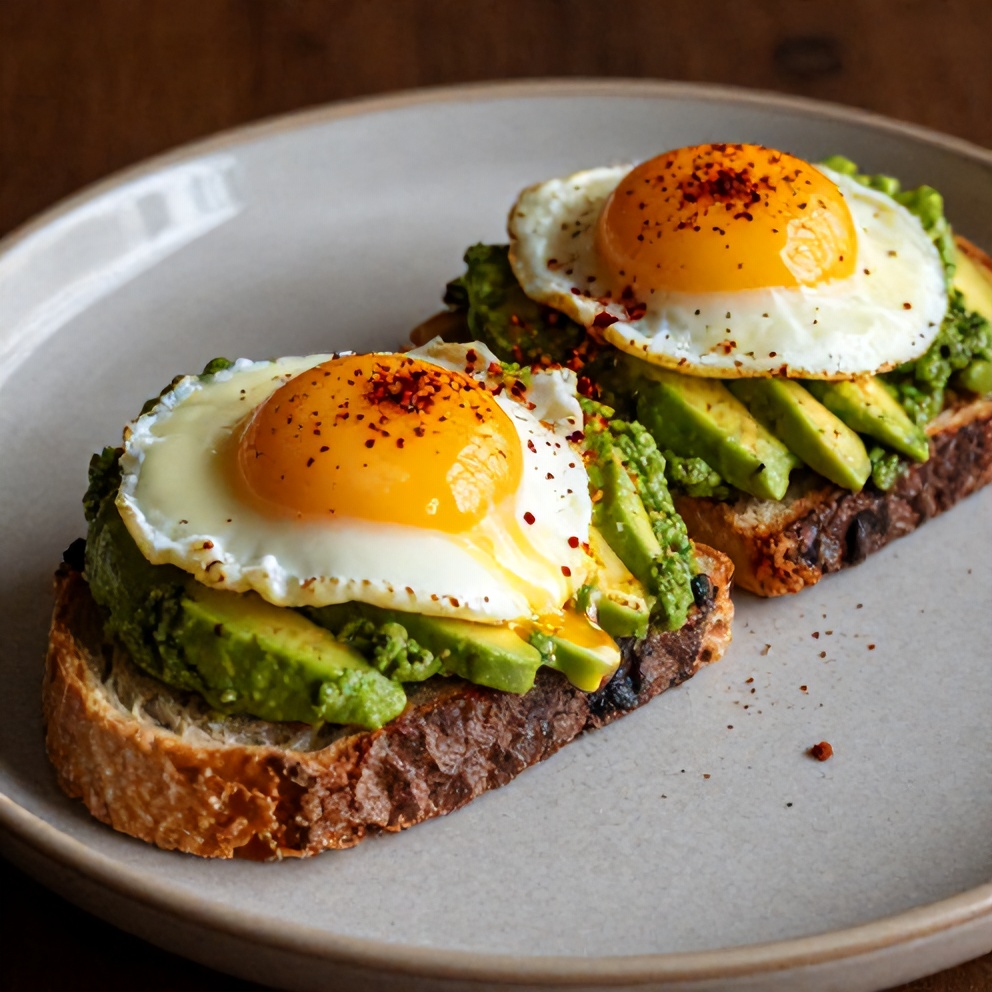 Pesto eggs on avocado toast with a sprinkle of red pepper flakes