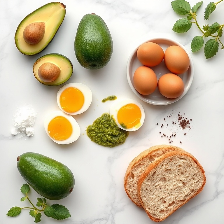 Avocado, eggs, pesto, bread, salt, and pepper arranged on a marble surface