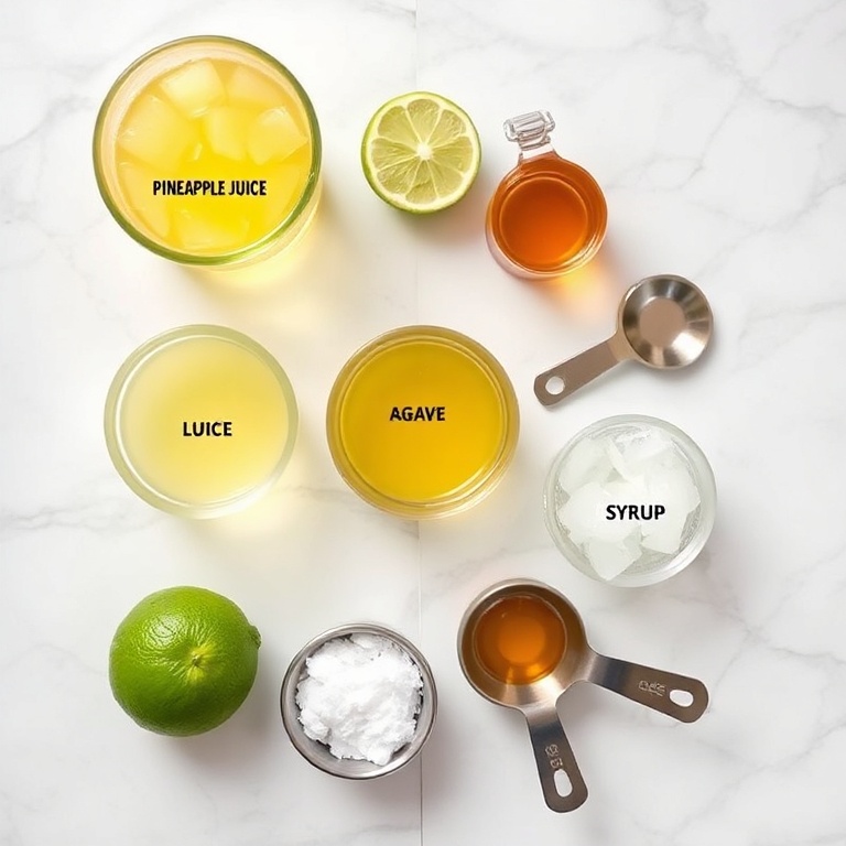 Raw ingredients for pineapple margarita mocktail including pineapple juice, lime juice, agave syrup, salt, and ice