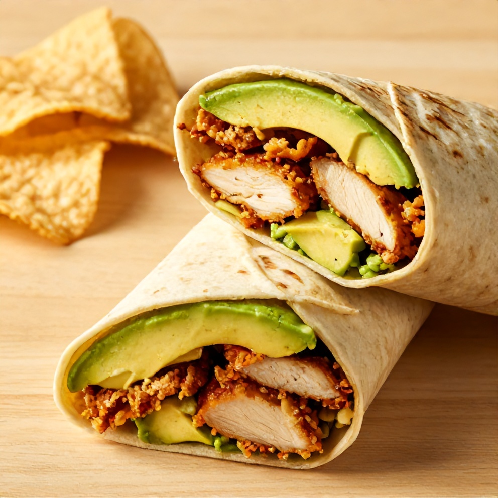 Plated chicken avocado wrap with a side of chips