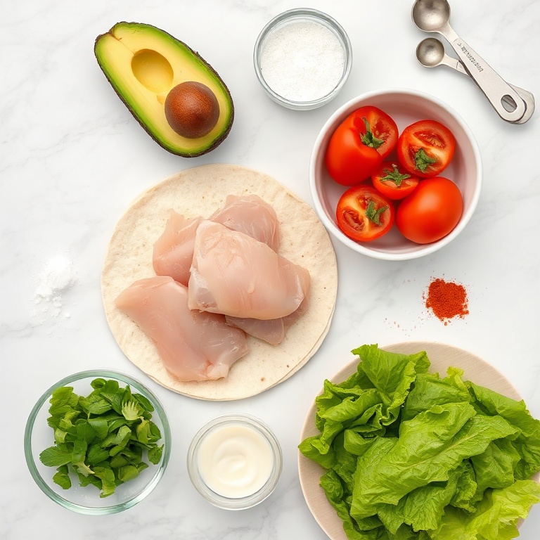 Raw ingredients for chicken avocado wrap on a white marble surface