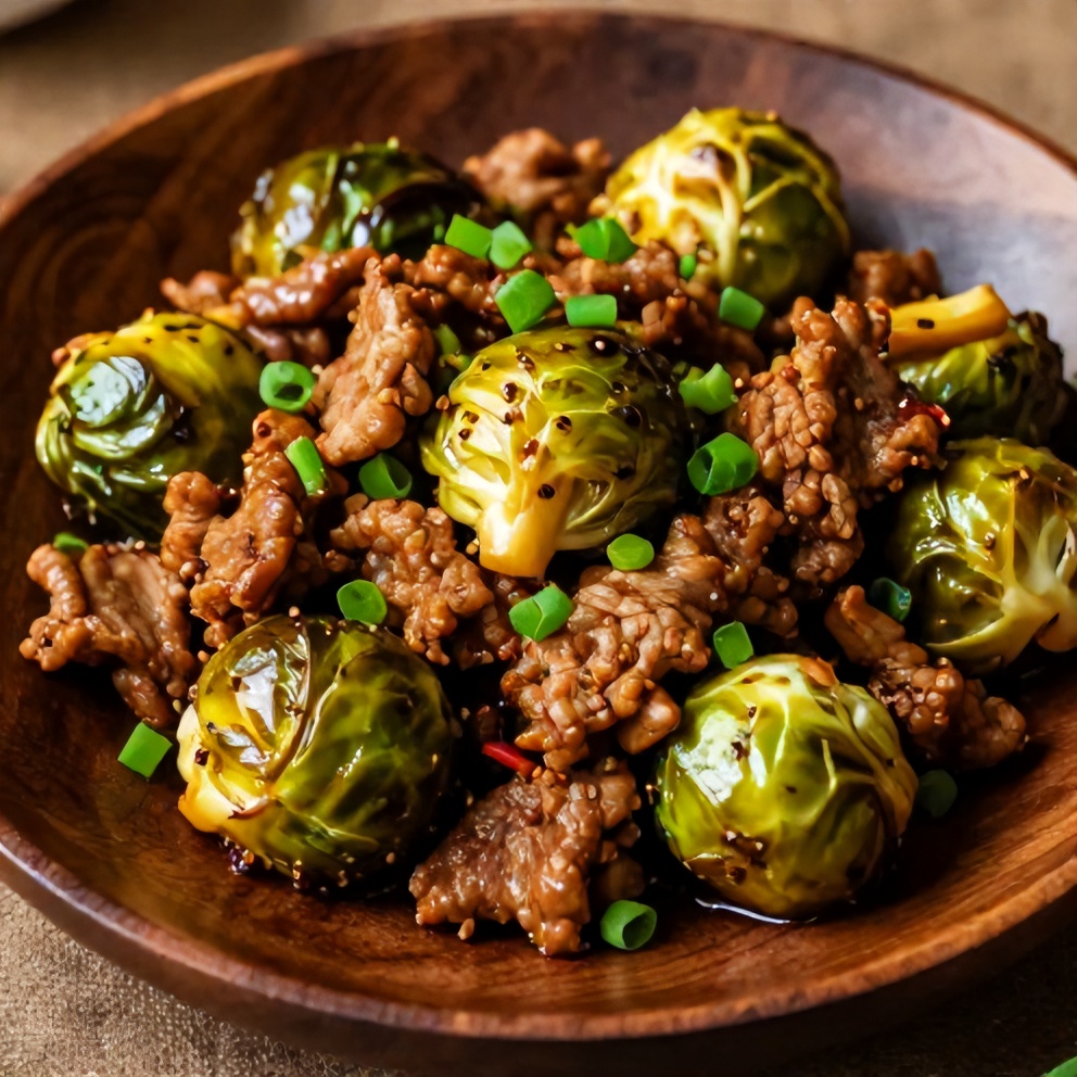 Finished Quick Spicy Pork Brussels Sprouts Bowls on a plate