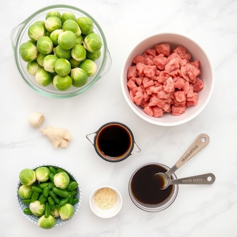 Raw ingredients for Quick Spicy Pork Brussels Sprouts Bowls
