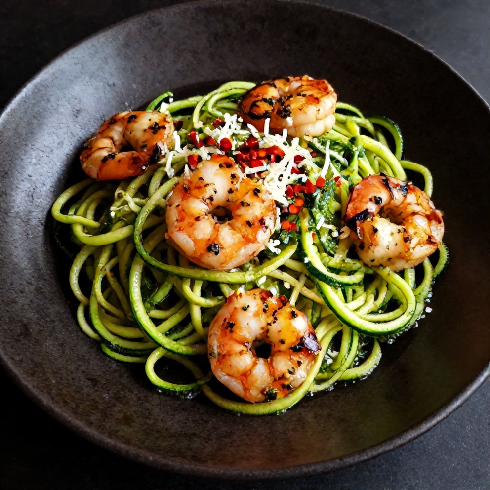 Plated serving of quick zucchini noodles with pesto and grilled shrimp