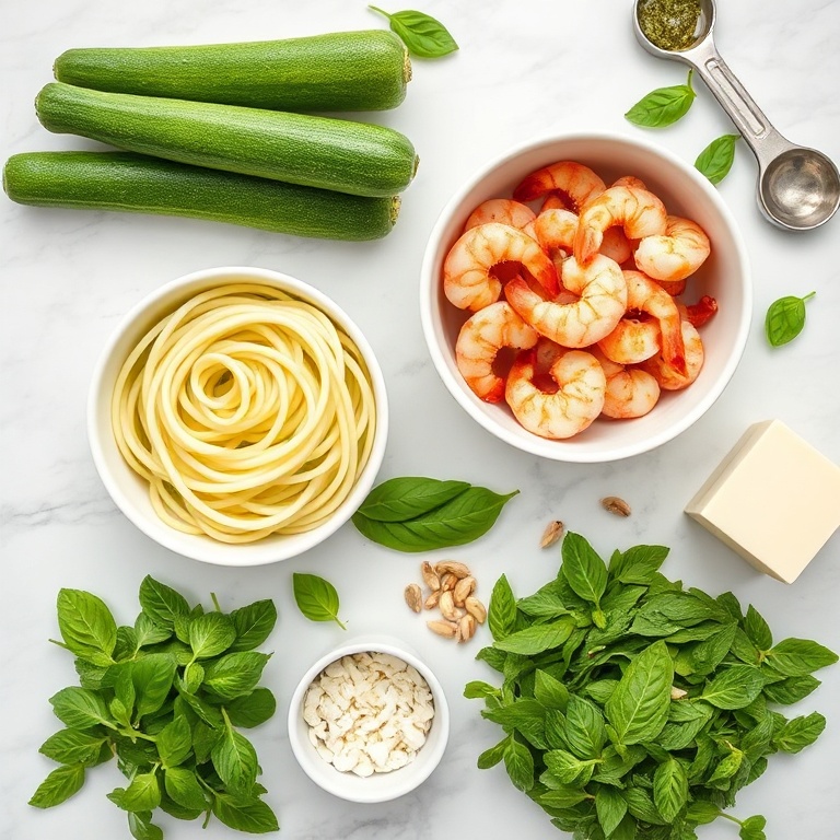 Raw ingredients for quick zucchini noodles with pesto and grilled shrimp