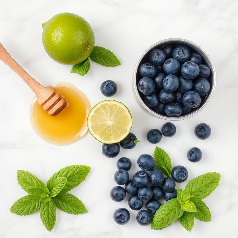 Blueberries, coconut water, lime, and mint on a wooden surface