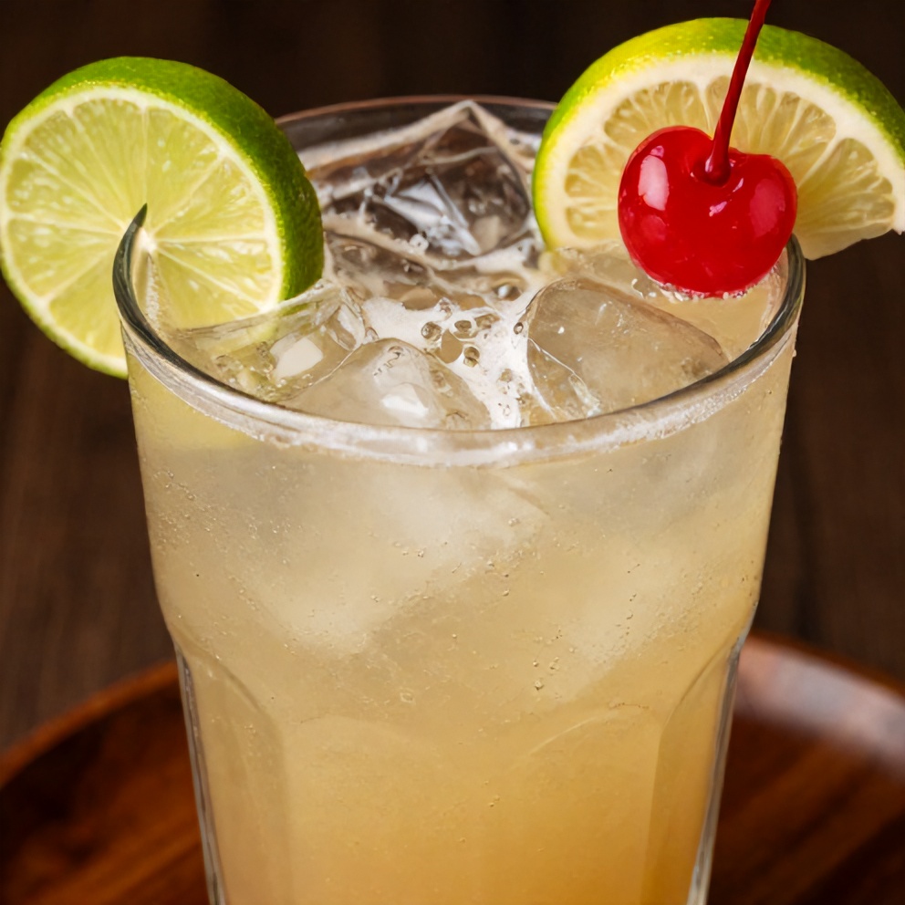 Glass of cherry limeade with ice, a lime wheel, and a cherry on top