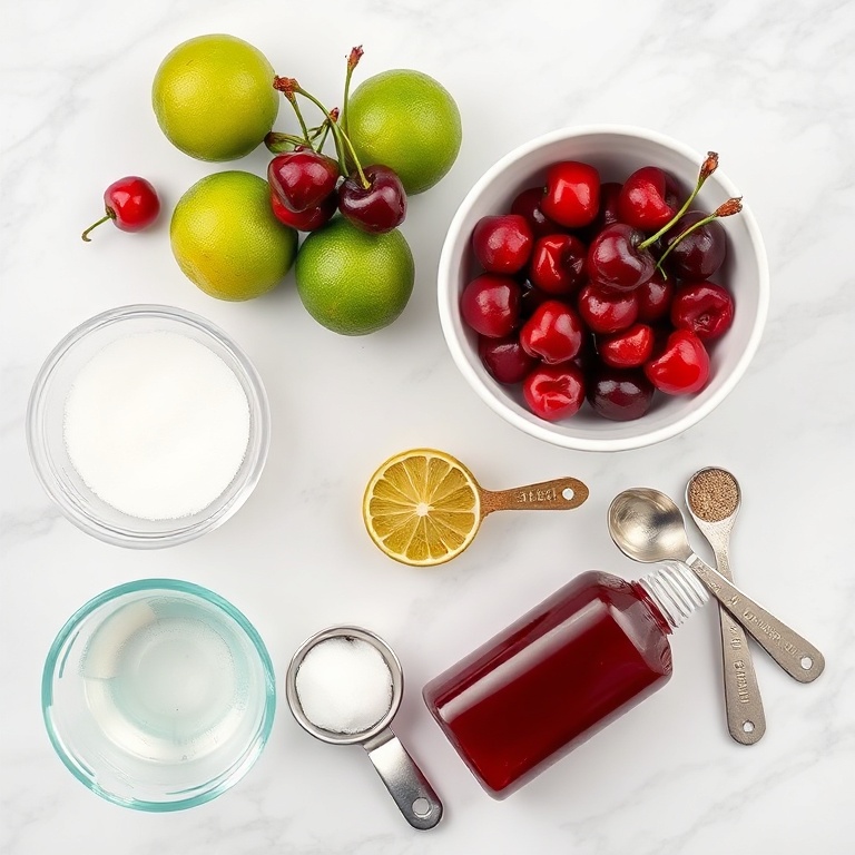 Raw ingredients for cherry limeade: cherries, limes, sugar, water, and maraschino cherries