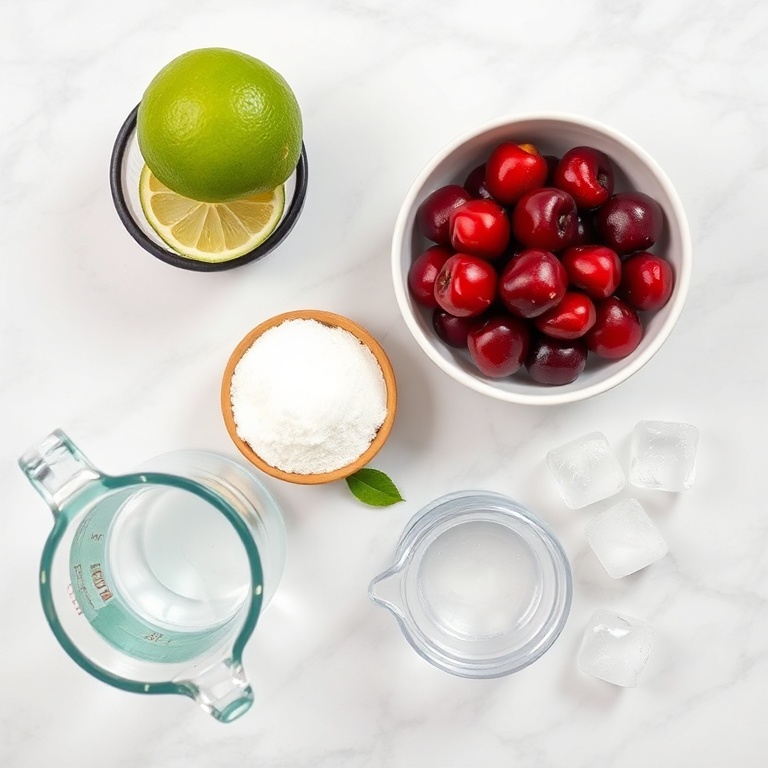 Ingredients for cherry limeade including cherries, limes, sugar, and ice
