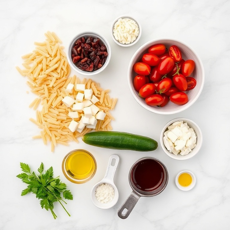 Raw ingredients for Orzo Salad on a white marble surface