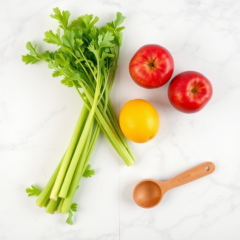 Raw ingredients for celery apple juice on a wooden surface