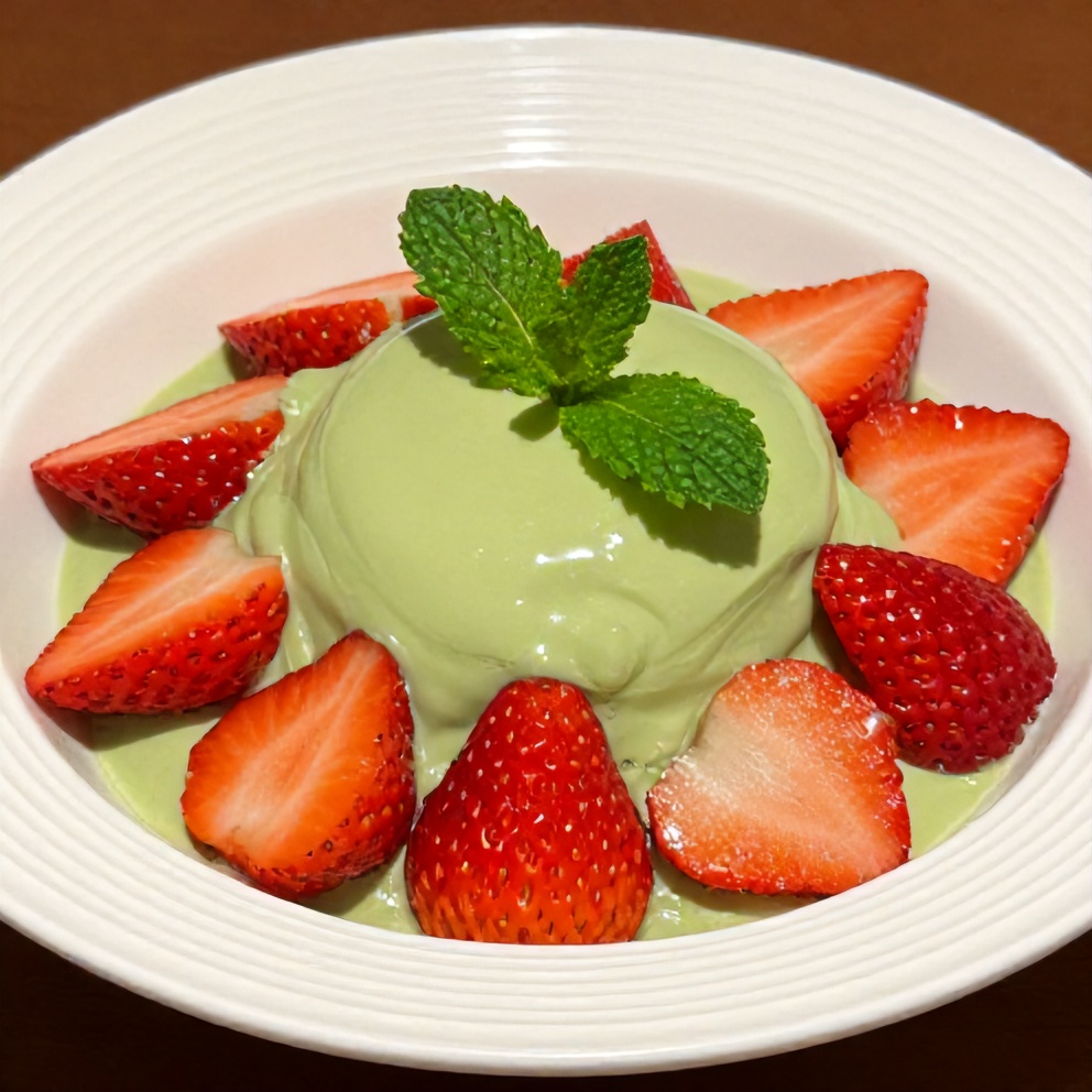 One perfect serving of Strawberry Matcha Sago Dessert plated on a white bowl, garnished with a mint leaf. Close crop, warm side lighting showing the creamy matcha topping and juicy strawberries.